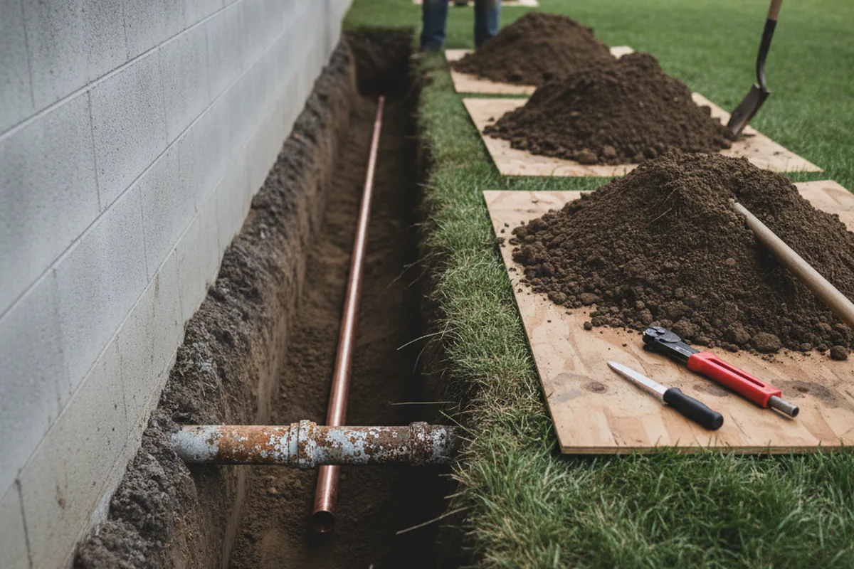 Excavated water line trench during Sewer Line Repair in Ho Ho Kus